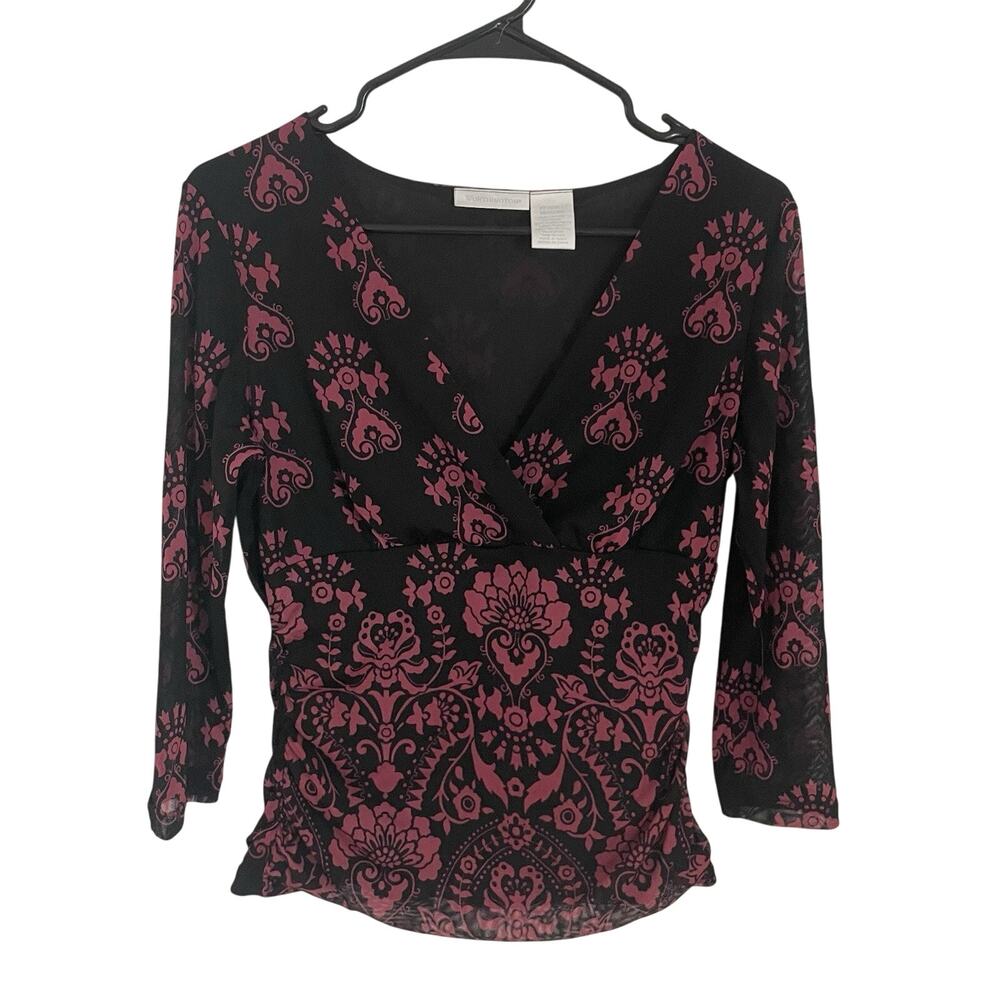 Y2K Sheer Mesh Top M Black Pink Babydoll Damask‎ Print 2000s Emo Fairy Grunge